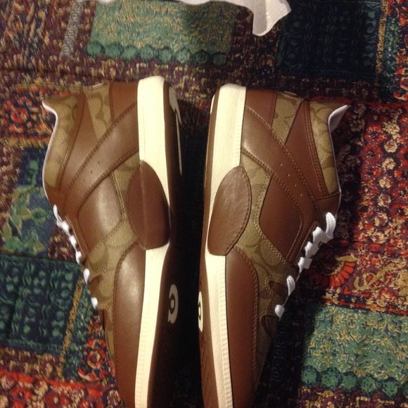 Coach men's Signature Mid Brown Leather & Coated Canvas Sneakers - New in Box - Picture 5 of 10